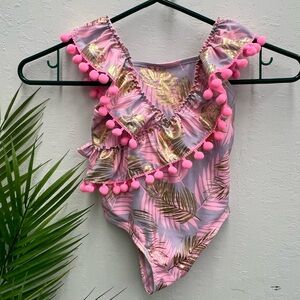 Nicole Miller gorgeous Pink and Gold Leaf Print Swimsuit with Pom Poms, size 2T